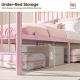 [Pink | Double] Pink metal bed 32cm under-bed clearance shown with suitcases and a storage box beneath the metal slat frame.