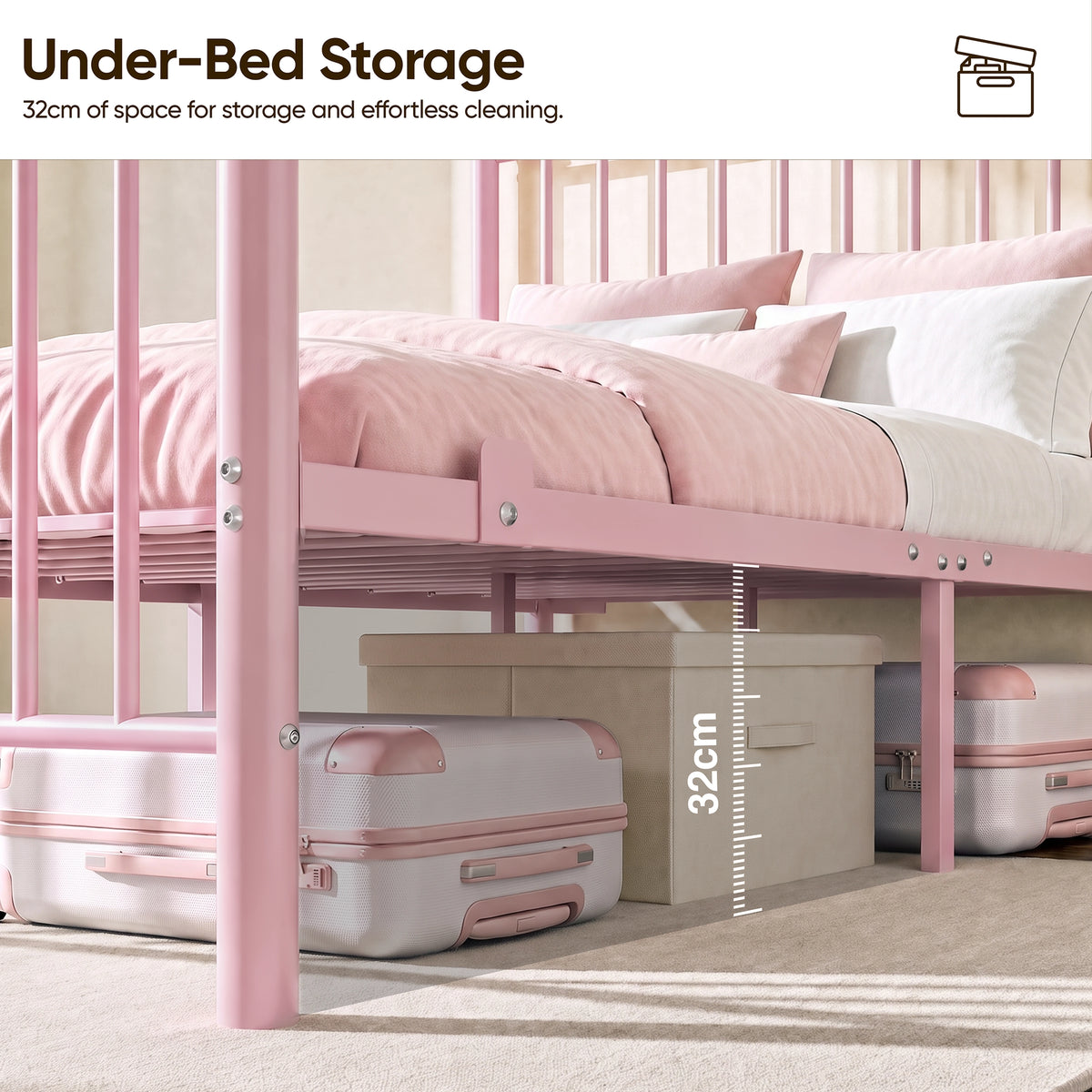 [Pink | Double] Pink metal bed 32cm under-bed clearance shown with suitcases and a storage box beneath the metal slat frame.