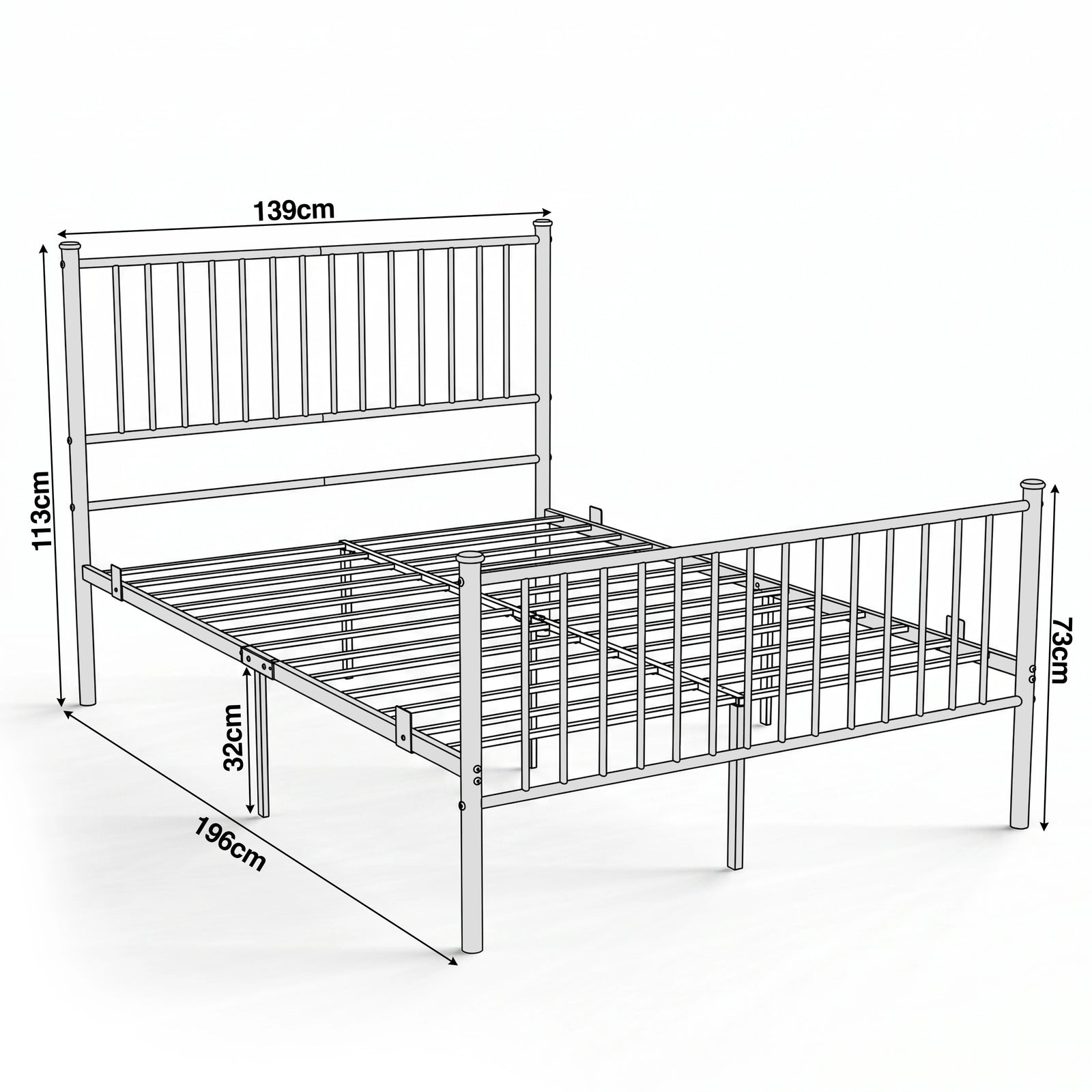 [Pink | Double] Pink metal double bed-frame size guide showing 139 x 196cm, 113cm headboard, 73cm footboard and 32cm clearance