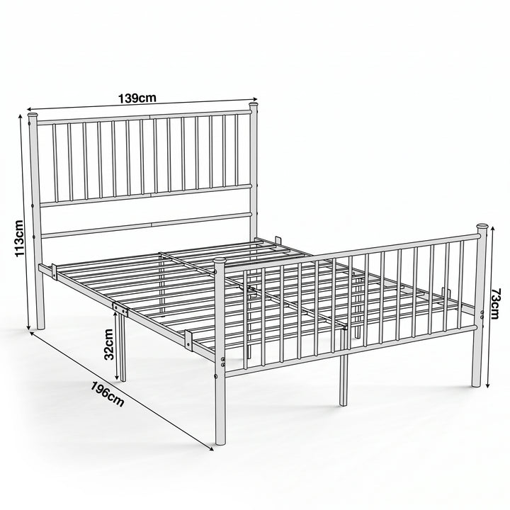 [Pink| Double] Pink metal double bed-frame size guide showing 139 x 196cm, 113cm headboard, 73cm footboard and 32cm clearance