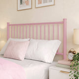[Pink | Double] Metal double bed close-up of tall pink vertical-bar headboard, pink-white pillows, alarm clock, books & plant