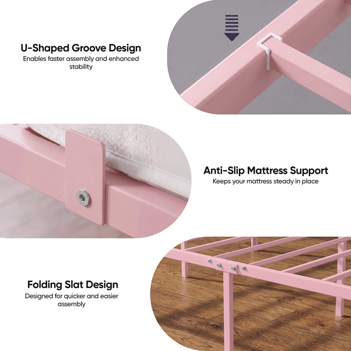 [Pink | Double] Pink metal bed feature guide showing U-groove slat fitting, anti-slip mattress stop and folding metal slats.