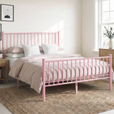 [Pink | King] Angled view of metal bed with pink-white bedding, bar headboard and footboard, centre legs, nightstand & plants