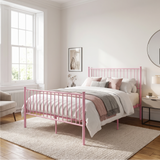 [Pink | King] Metal king bed with pink-white bedding, bar headboard and footboard, centre legs, window, chair & bedside table