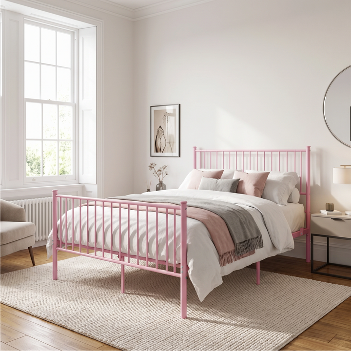 [Pink | King] Metal king bed with pink-white bedding, bar headboard and footboard, centre legs, window, chair & bedside table