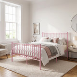 [Pink | King] Metal king bed with pink-white bedding, bar headboard and footboard, centre legs, window, chair & bedside table