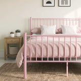 [Pink | King] Bed front view close-up of bar headboard & footboard, pink-white bedding, centre leg, succulent & bedside table