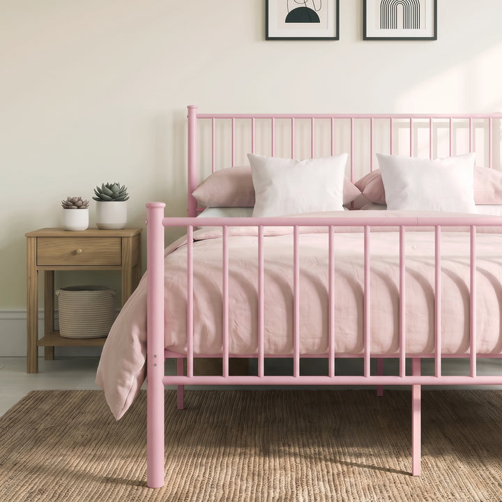[Pink | King] Bed front view close-up of bar headboard & footboard, pink-white bedding, centre leg, succulent & bedside table