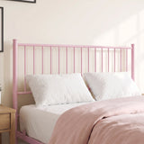[Pink | King] Metal bed close-up of tall pink vertical-bar headboard with white pillows, pink bedding and abstract wall art.