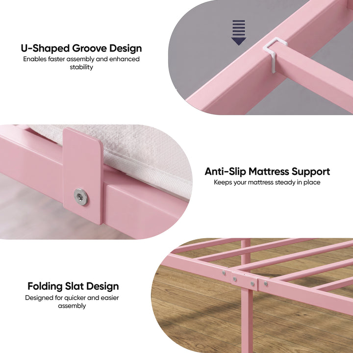 [Pink | King] Metal bed features showing U-shaped groove, anti-slip mattress stop & folding metal slats for quicker assembly.