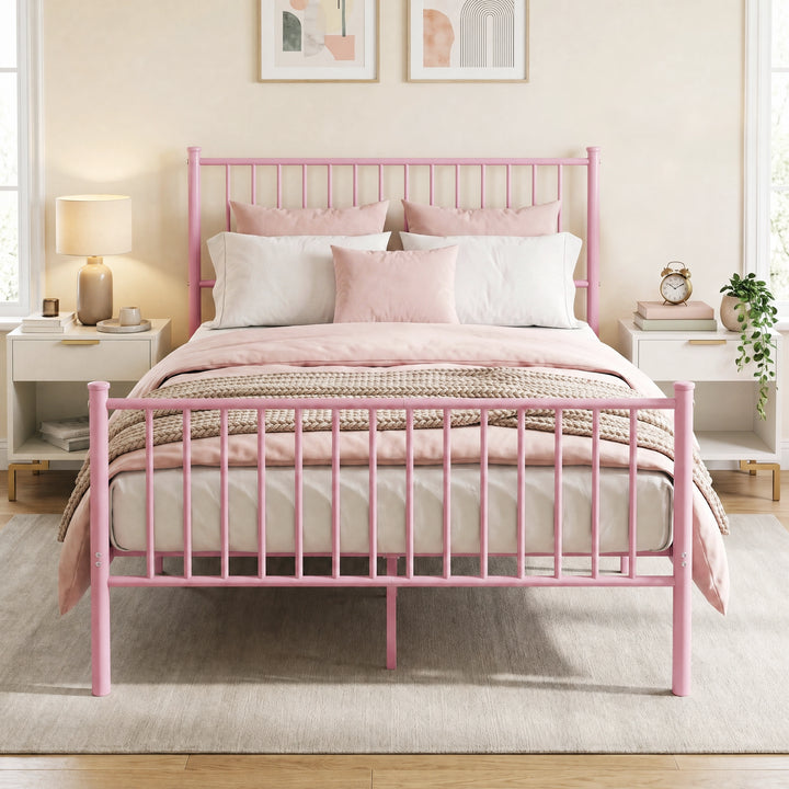 [Pink | Double] Front view of pink metal bed with tall bar headboard, matching footboard, pink-white bedding and centre leg.