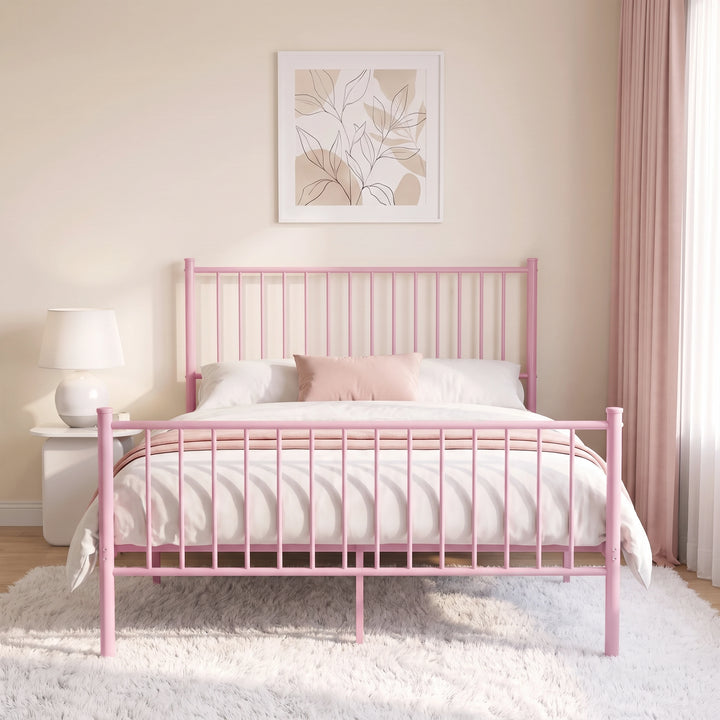 [Pink | Double] Front view of a pink metal double bed frame showcasing the vertical slatted footboard and high headboard.