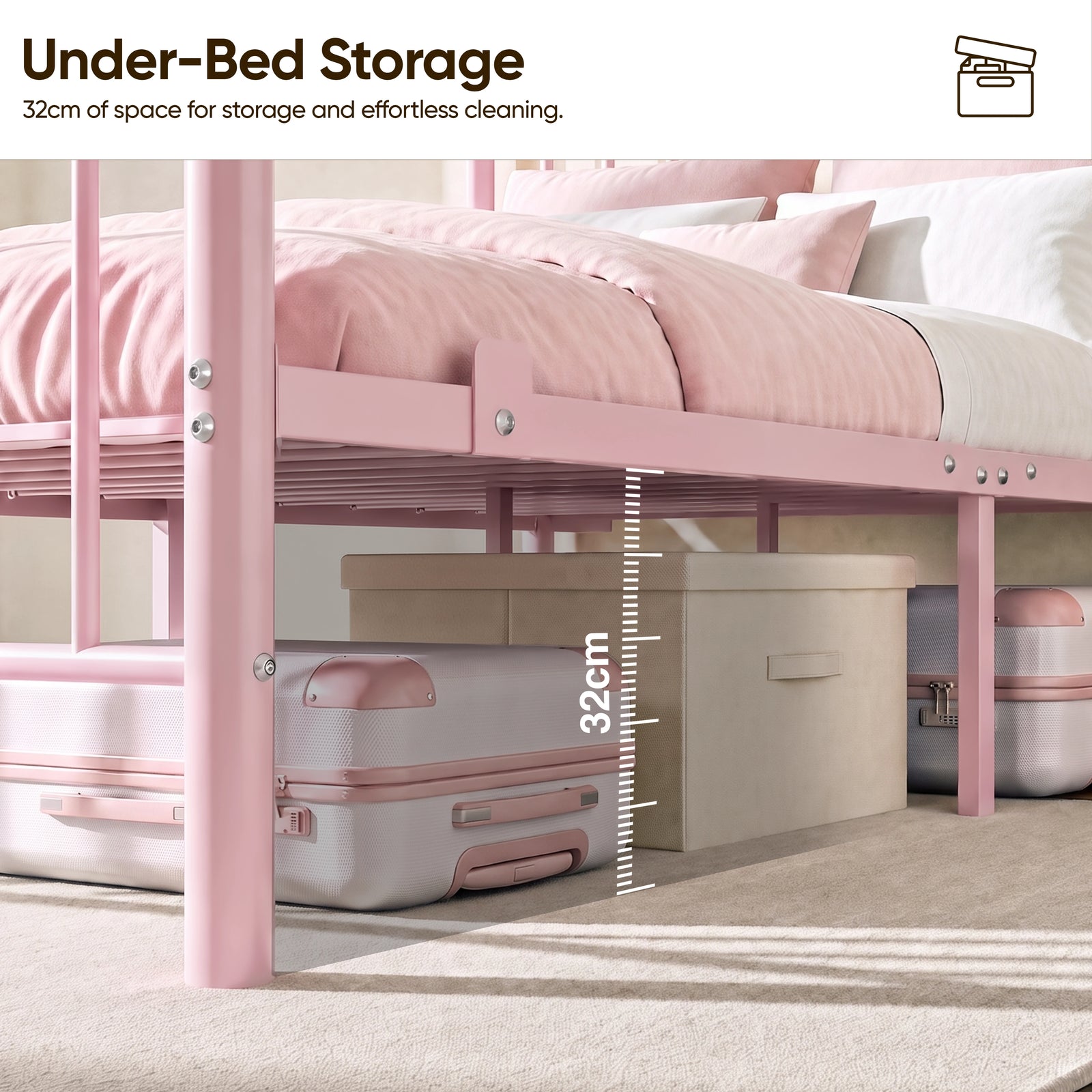 [Pink | King] Pink king bed showing 32cm under-bed clearance with a suitcase & fabric storage box beneath the metal bed frame