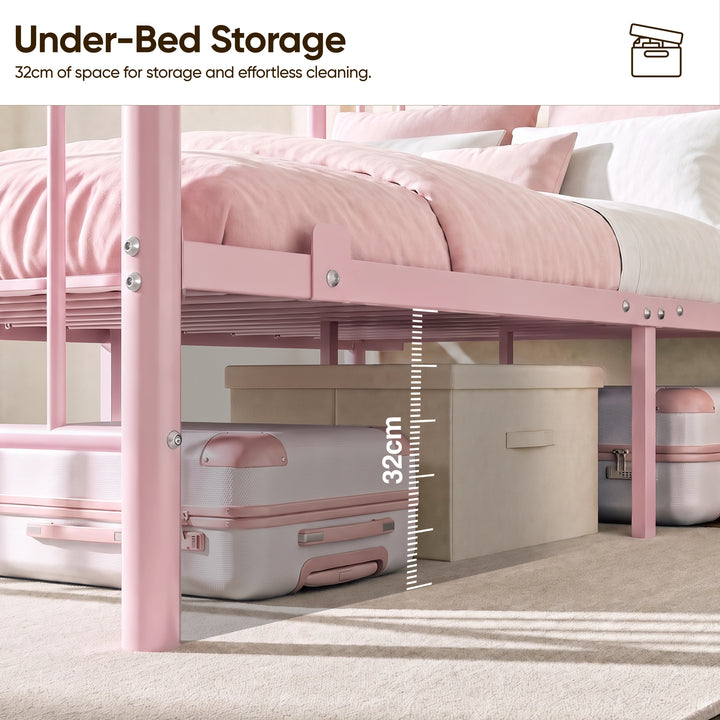 [Pink | King] Pink king bed showing 32cm under-bed clearance with a suitcase & fabric storage box beneath the metal bed frame