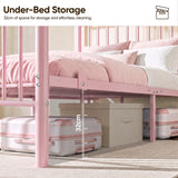 [Pink | King] Pink king bed showing 32cm under-bed clearance with a suitcase & fabric storage box beneath the metal bed frame