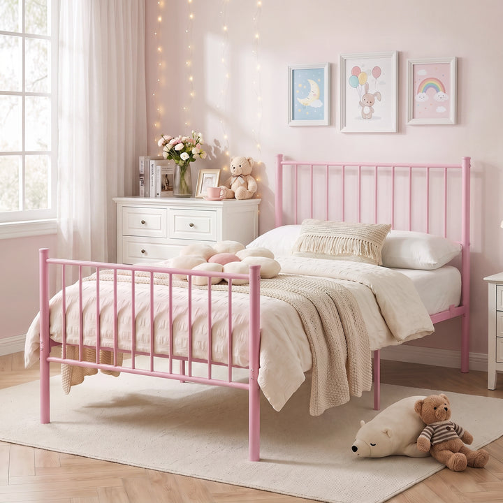 [Pink | Single] Metal single bed with white bedding, flower cushion, beige throw, dresser, teddy bears and pastel wall art.