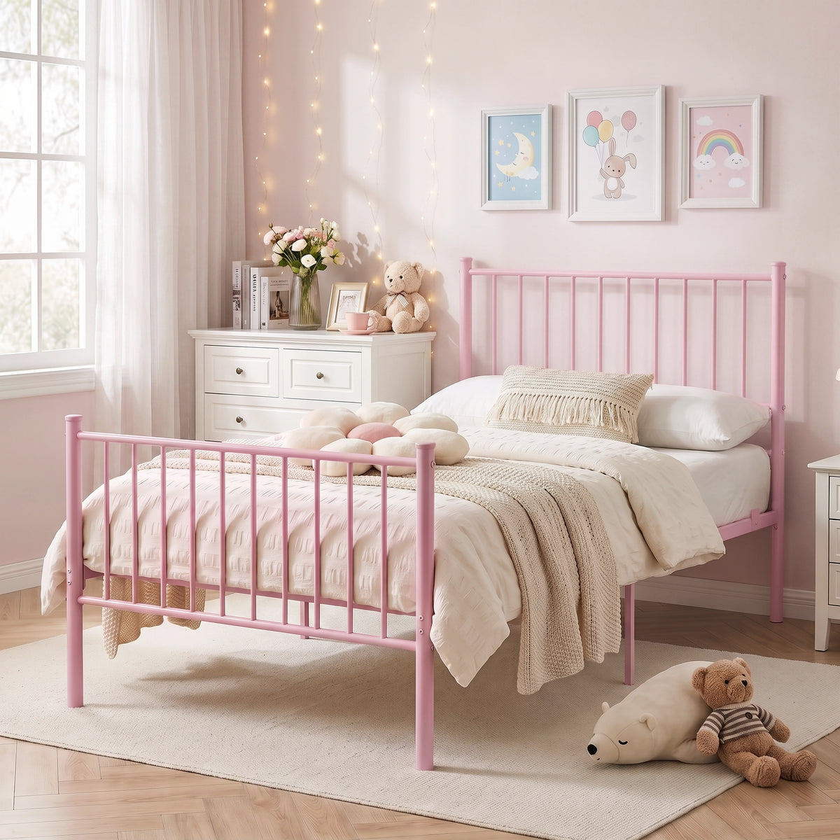 [Pink | Single] Metal single bed with white bedding, flower cushion, beige throw, dresser, teddy bears and pastel wall art.
