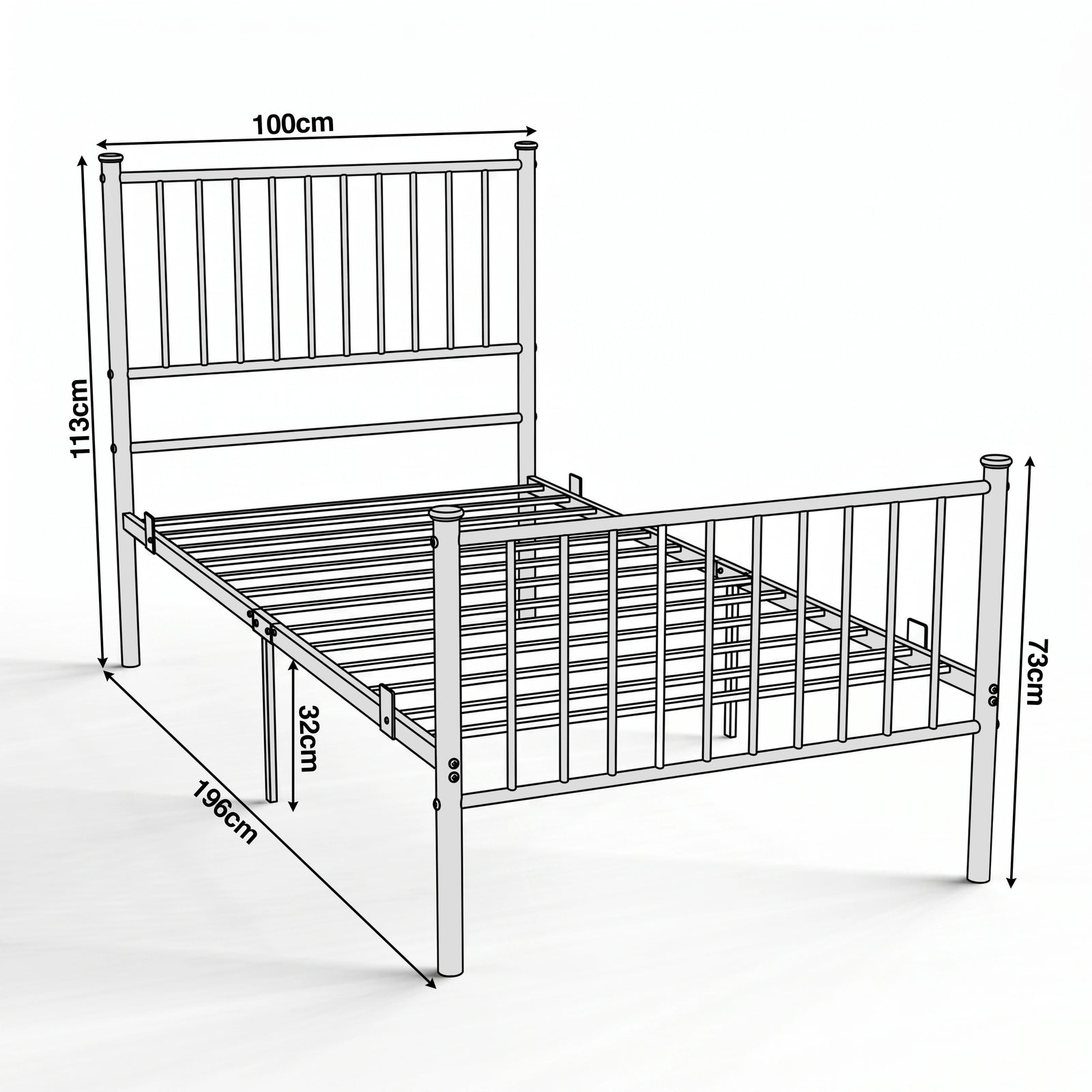 [Pink | Single] Metal single bed size guide showing 100cm wide, 196cm long, 113cm headboard, 73cm footboard & 32cm clearance