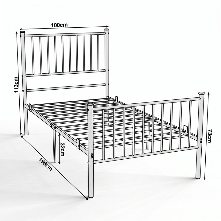 [Pink | Single] Metal single bed size guide showing 100cm wide, 196cm long, 113cm headboard, 73cm footboard & 32cm clearance
