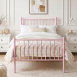 [Pink | Single] Front view of metal single bed with white bedding, beige throw, bar ends, centre leg, nightstands & wall art.