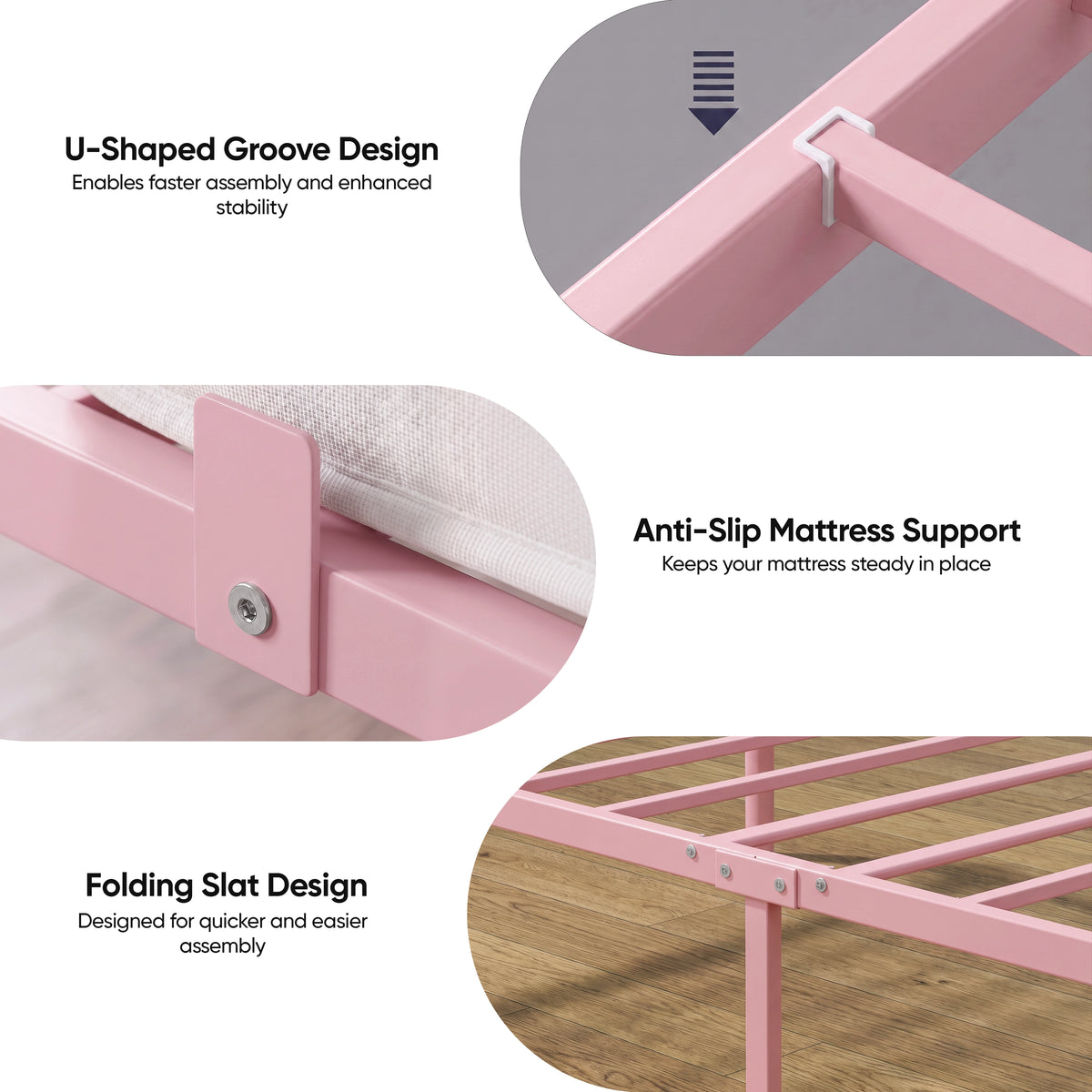 [Pink | Single] Bed features showing U-shaped groove, anti-slip mattress support & folding metal slats for quicker assembly.