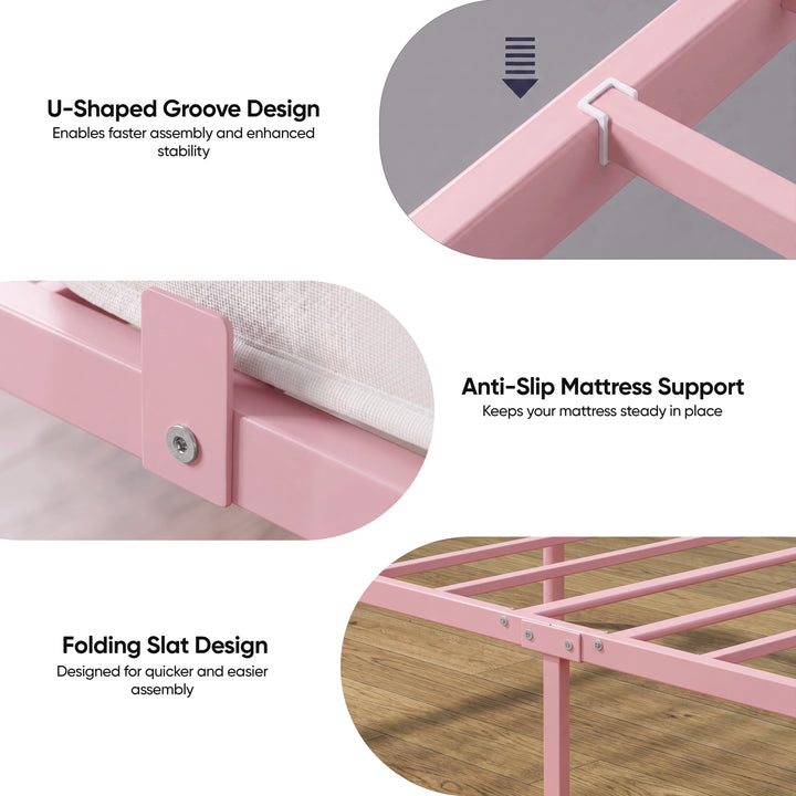 [Pink | Single] Bed features showing U-shaped groove, anti-slip mattress support & folding metal slats for quicker assembly.