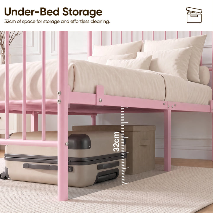 [Pink | Single] 32cm clearance with a suitcase and storage box beneath the metal bed for easier cleaning.