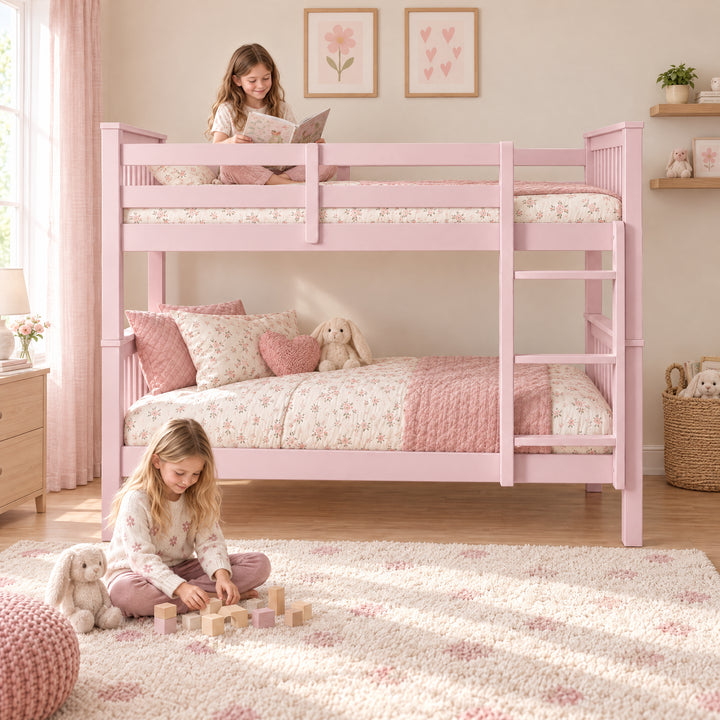 [Pink] Bedroom scene showing a child reading on the upper bunk, another playing on a rug, bedding, guard rails, and ladder.
