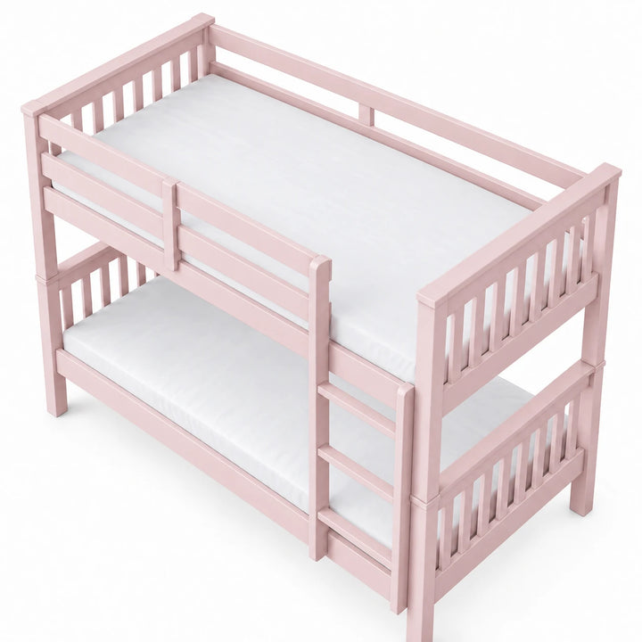 [Pink] High angle view from above showing both bunk mattresses, upper guard rails, the ladder and slatted end panels
