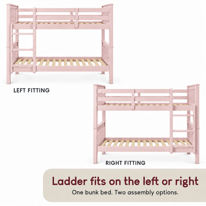 [Pink] Assembly guide showing the bunk bed with left and right ladder positions, upper guard rails, and exposed slats.