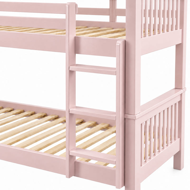 [Pink] Ladder close-up showing rungs, square side posts, slatted end panels, upper rail joints, and lower wooden slats.