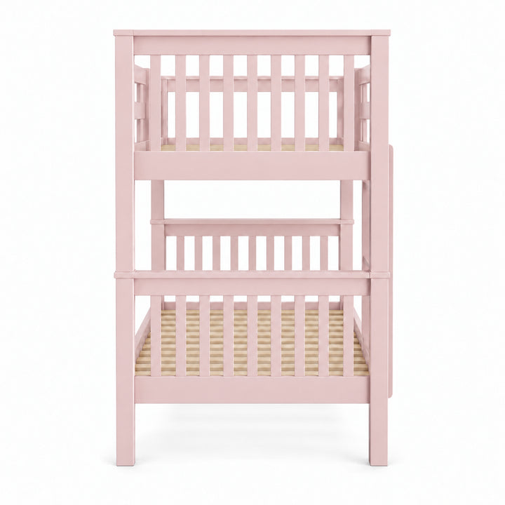 [Pink] Straight end view showing vertical end slats, square posts, both bunk levels, and the exposed lower base.
