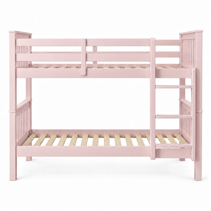 [Pink] Front view of the bunk bed showing ladder rungs, upper guard rails, slatted ends, and both slatted bases.