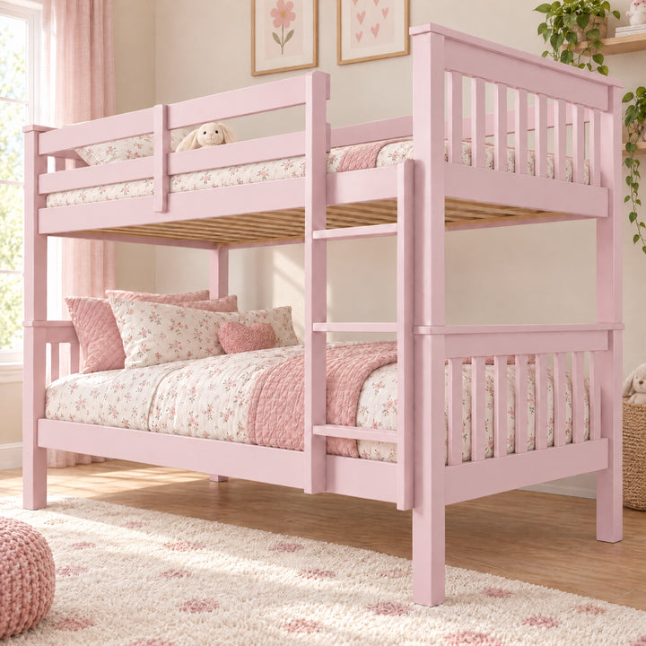 [Pink] Styled room view showing patterned bedding on both bunks, pillows, a teddy bear, upper guard rails, and ladder.