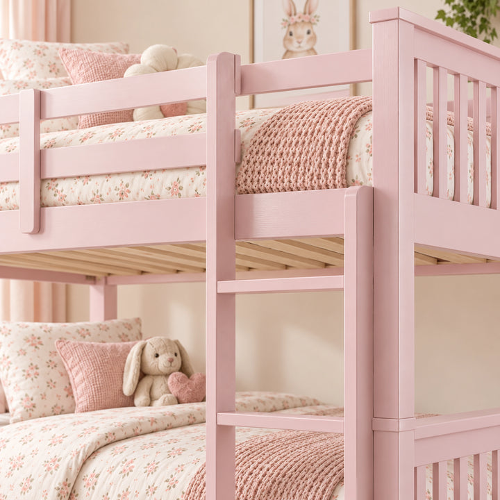 [Pink] Close-up of ladder, guard rails, slatted end panels and mattress on the top bunk