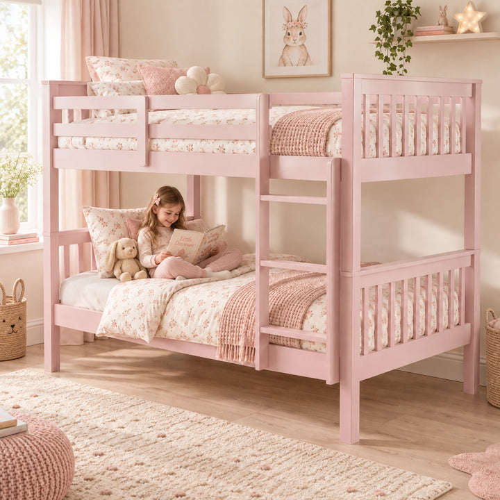 [Pink] Child reading on lower bunk with ladder and upper guard rails visible