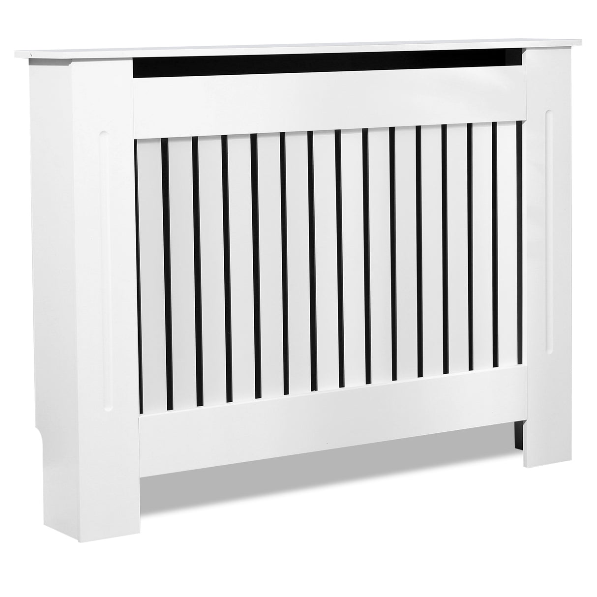 White pipe radiator covers slats designed to conceal pipes and complement modern home decor.