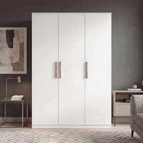 [White]  Plain white triple door wardrobe with clean front elevation and natural wood vertical handles