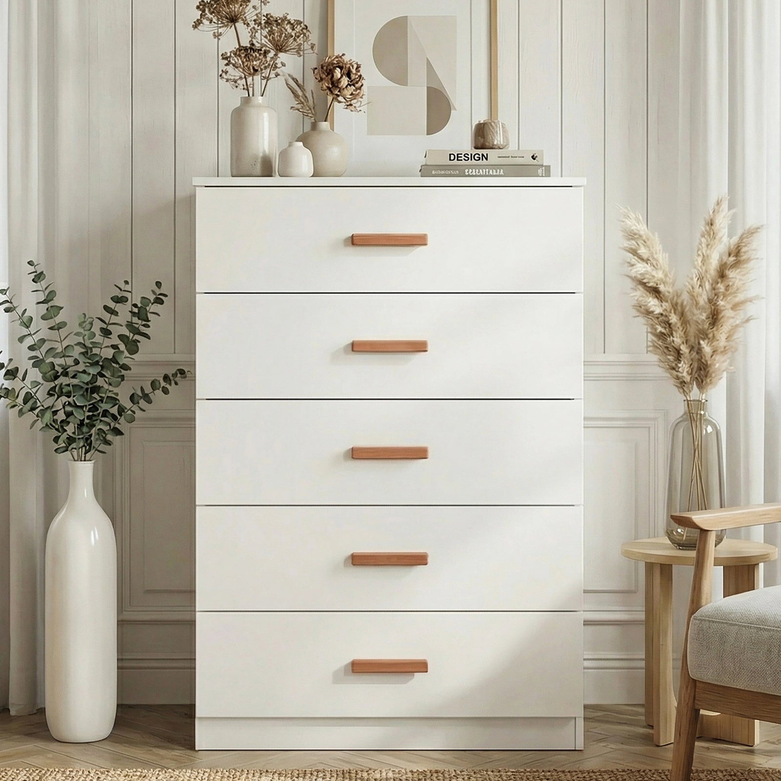 [White] Front view of white five drawer chest with smooth drawer fronts, solid pattern and wooden bar handles