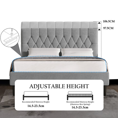 Gray upholstered bed with adjustable height feature and measurements on a white background