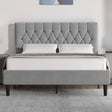 Grey velvet bed frame in king size with chesterfield tufted adjustable headboard, ideal for modern bedrooms. Available at DHS with free UK delivery.
