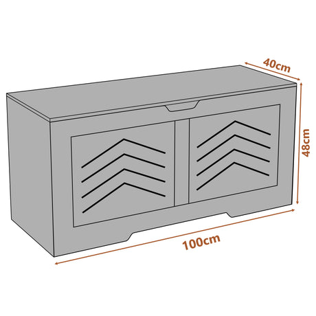 Rustic storage bench with chevron pattern and dimensions on a white background
