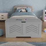 Storage Chest - Wooden Box With Lid For Blankets, Clothes or Toys in grey with arrow design, placed in a kids' bedroom for toy organization.