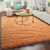 [Beige] Shaggy rug in warm tone bright living room with sofa and round coffee table on hard floor