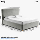 [King | Light Grey] plush velvet ottoman storage bed Size guide: 173W x 215L x 120H cm; mattress 150 x 200cm; footboard 37cm