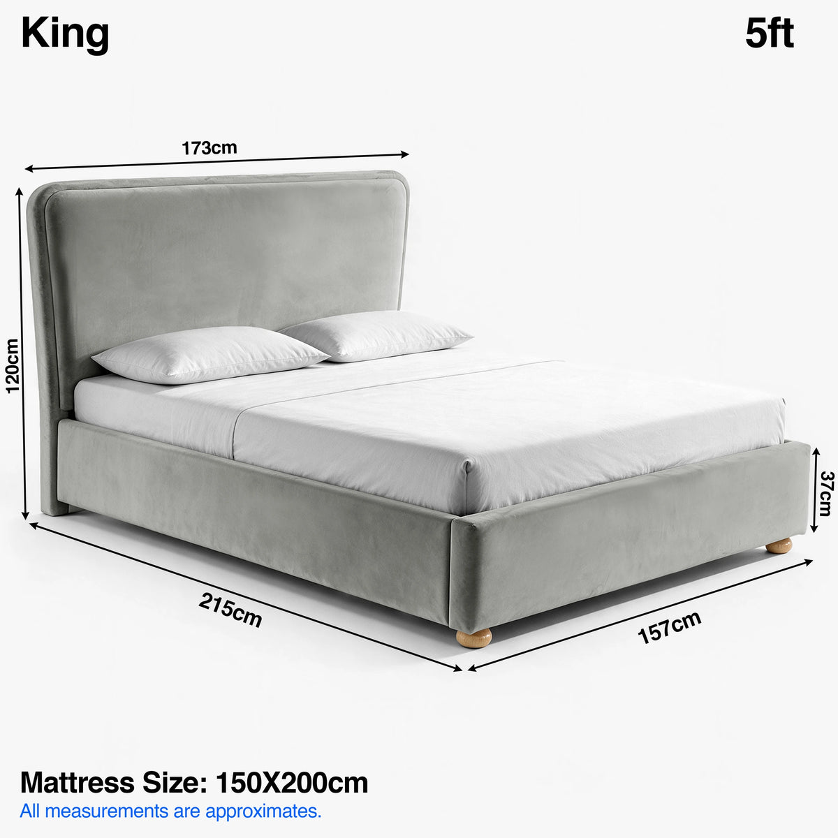 [King | Light Grey] plush velvet ottoman storage bed Size guide: 173W x 215L x 120H cm; mattress 150 x 200cm; footboard 37cm