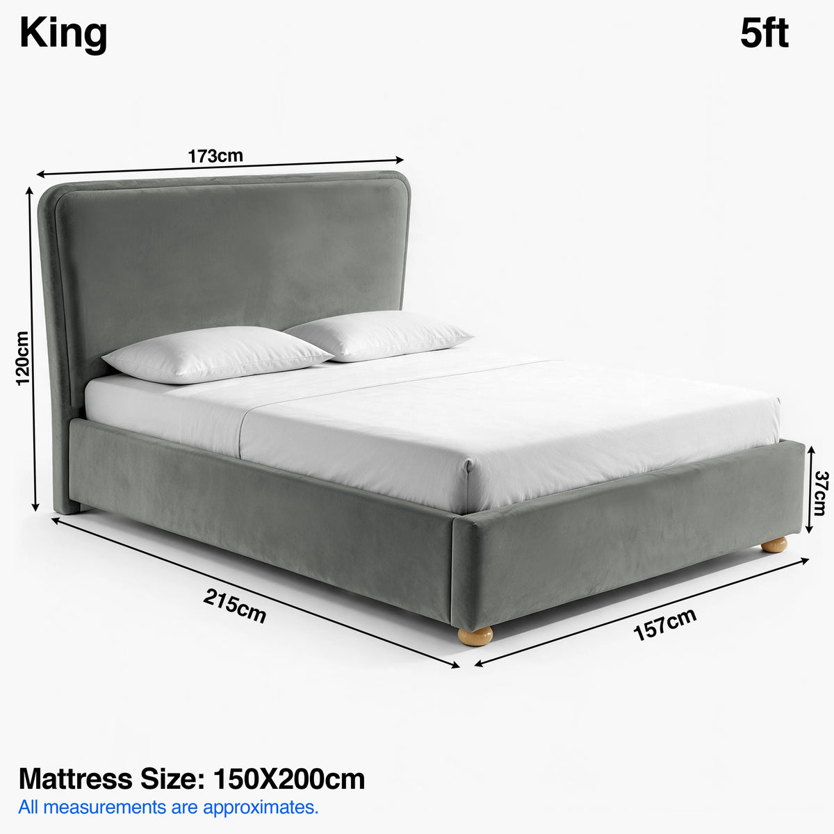 [King | grey] plush velvet ottoman storage bed Size guide: 173W x 215L x 120H cm; mattress 150 x 200cm; footboard 37cm
