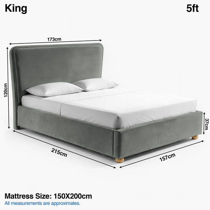 [King | grey] plush velvet ottoman storage bed Size guide: 173W x 215L x 120H cm; mattress 150 x 200cm; footboard 37cm