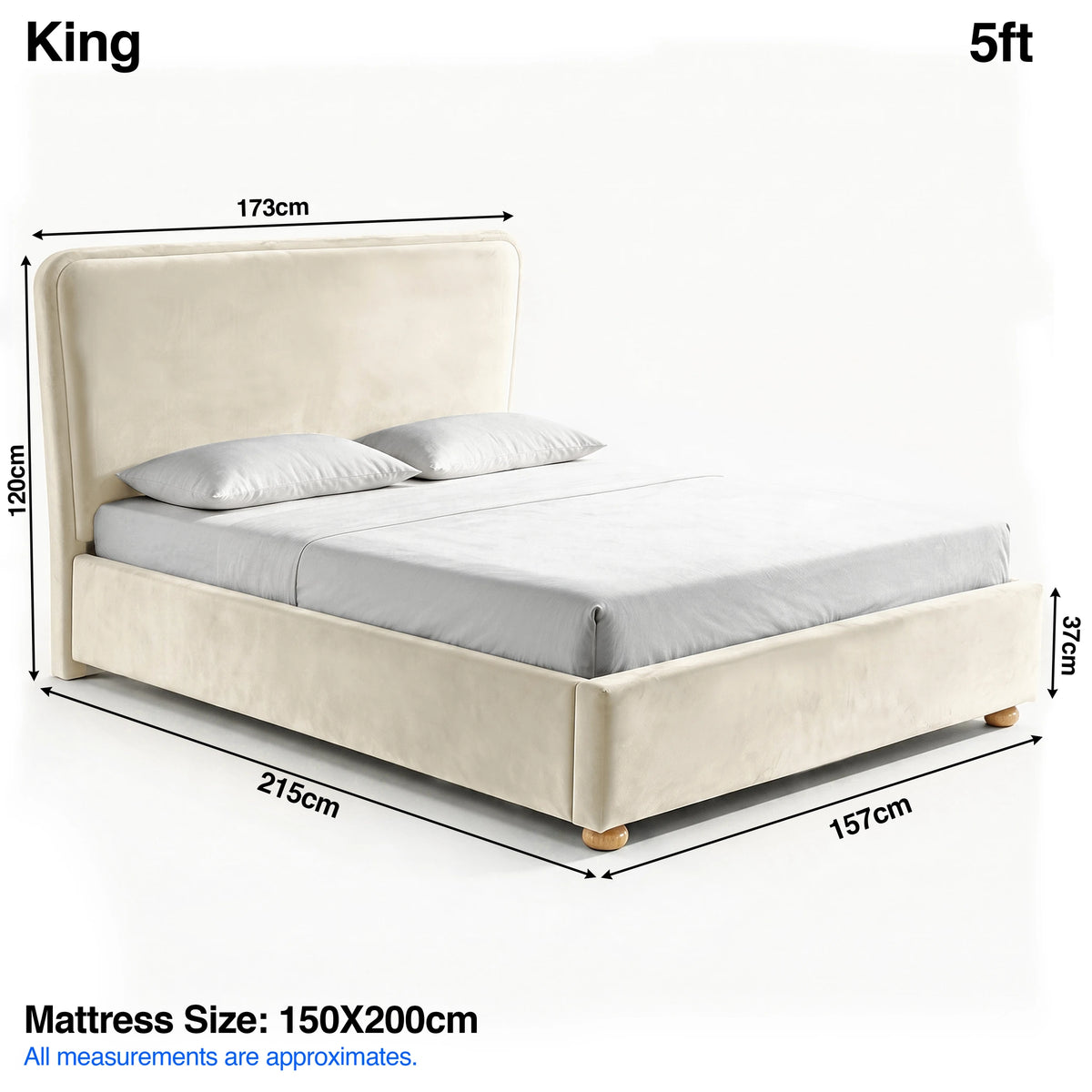 [King | Beige] plush velvet ottoman storage bed Size guide: 173W x 215L x 120H cm; mattress 150 x 200cm; footboard 37cm