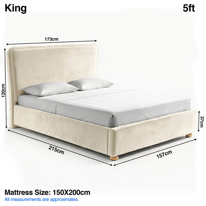 [King | Beige] plush velvet ottoman storage bed Size guide: 173W x 215L x 120H cm; mattress 150 x 200cm; footboard 37cm